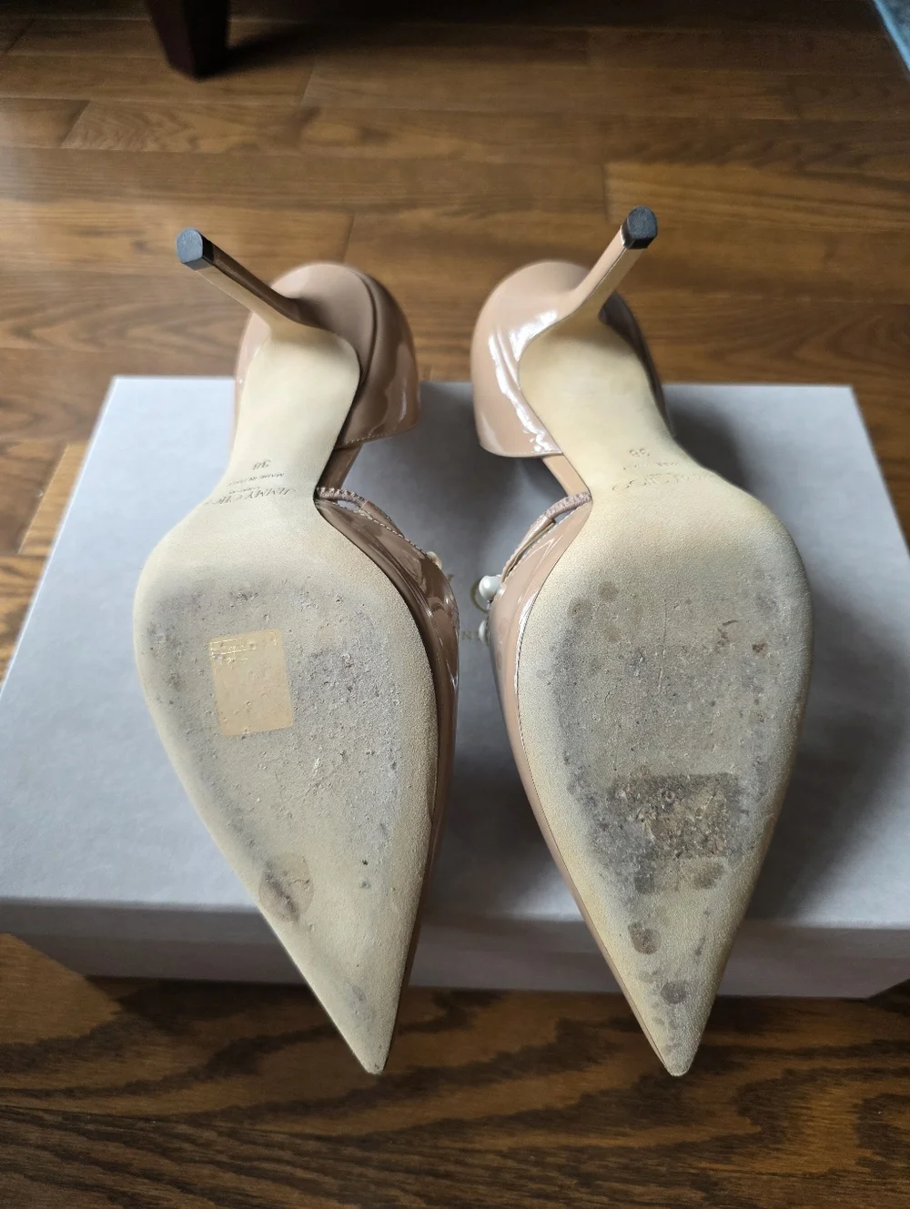 Jimmy Choo Nude Patent Leather Pearl-Embellished Pointed Toe Heels - Picture 5 of 6